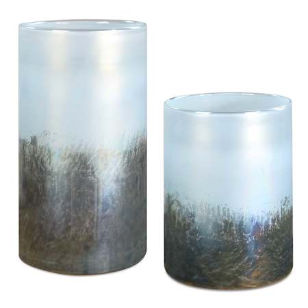 Uttermost Midnight 10" Tall Glass Vases - Set of 2 Deep Blue / Metallic Silver