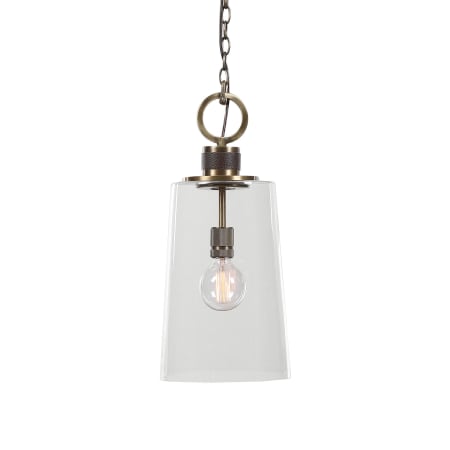 Uttermost Rosston 10" Wide Refined Industrial Farmhouse 1 Light Mini Pendant with Clear Glass Shade and Leather Band by Kalizma Home Antique Brass