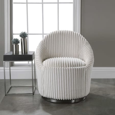 Uttermost Crue 28"W Modern Luxury White Fluted Chenille Swivel Chair Ivory / Brushed Black Nickel