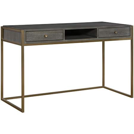 Uttermost Taja Acacia 2 Drawer Writing Desk Brushed Brass / Light Gray