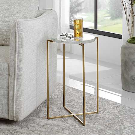 Uttermost Star-crossed 16" Diameter Glass and Stainless Steel Accent Table Brushed Gold / Seeded Glass