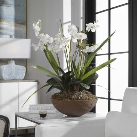 Uttermost Hand Painted 34" Tall X 19" W Dish Planter with Decorative Faux White Moth Orchids Natural Brown / White