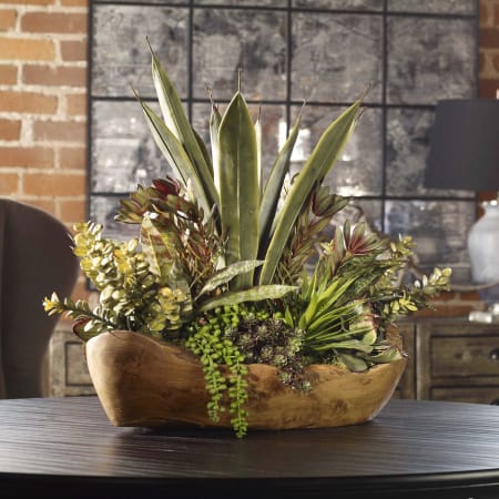 Uttermost Salar Artificial Designer Succulents Plants in Teak Bowl with Aloe, Jade, Bromeliad and other Succulents Light Brown