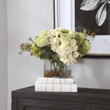 Uttermost Cecily 15" Wide Artificial Home Decor Hydrangea in Square Glass Vase with Pebbles Cream / Green