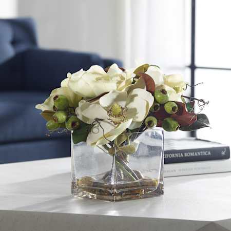 Uttermost Dobbins Magnolia 15-3/4" Tall Glass and Stone Faux Flora Planter Clear