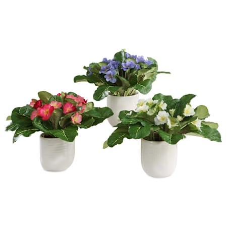 Uttermost Trilogy Primrose 10" Wide Primulas Artificial Plant in a Ceramic Pot Set of 3 Periwinkle / White / Fuchsia