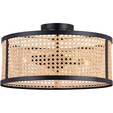 Vaxcel Lighting Berens 3 Light 16" Wide Semi-Flush Rattan Cane Drum Ceiling Fixture Matte Black
