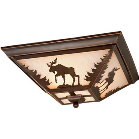 Vaxcel Lighting Yellowstone 3 Light Flush Mount Indoor Ceiling Fixture with Moose Portrait Glass Shade - 14 Inches Wide Burnished Bronze