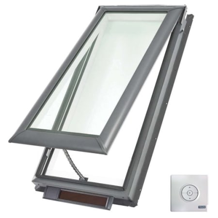 Velux Solor Powered Venting Deck Mount Skylight with Room-Darkening, Double-Pleated White Pre-Installed Shade White / Neutral Gray