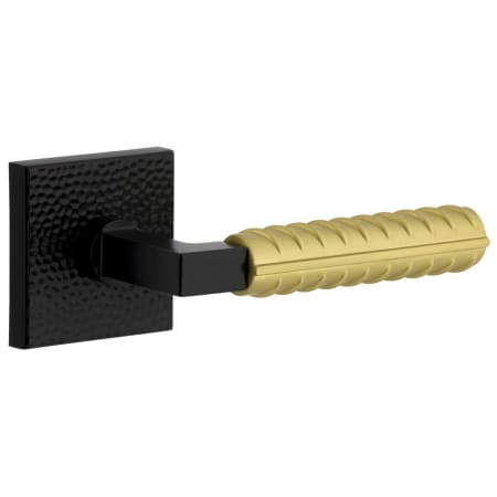 Viaggio Split Finish Right Handed Solid Brass Privacy Door Lever Set with Contempo Rebar Lever and Quadrato Hammered Rose - 2-3/4" Backset Satin Black / Satin Brass