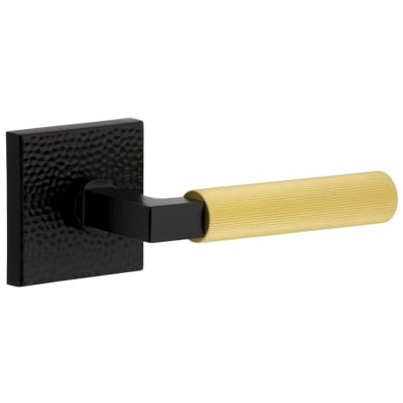 Viaggio Split Finish Right Handed Solid Brass Privacy Door Lever Set with Contempo Fluted Lever and Quadrato Hammered Rose - 2-3/4" Backset Satin Black / Satin Brass