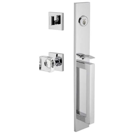 Viaggio Quadrato Full Plate Keyed Entry "D" Grip Handleset with Quadrato Crystal Interior Knob and Trim - 2-3/4" Backset Bright Chrome