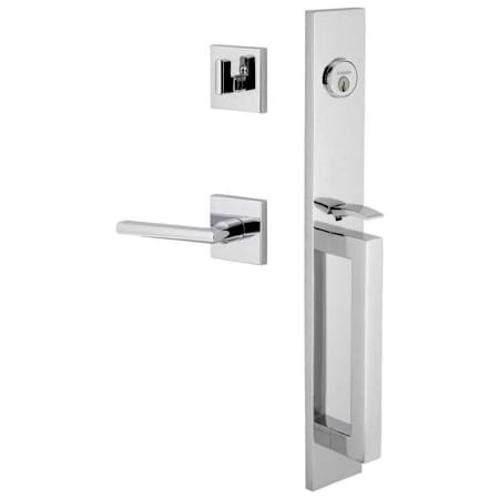 Viaggio Quadrato Left Handed Full Plate Keyed Entry "D" Grip Handleset with Milano Interior Lever and Quadrato Trim - 2-3/4" Backset Bright Chrome