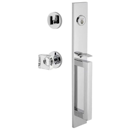 Viaggio Quadrato Full Plate Keyed Entry "D" Grip Handleset with Quadrato Crystal Interior Knob and Circolo Trim - 2-3/8" Backset Bright Chrome