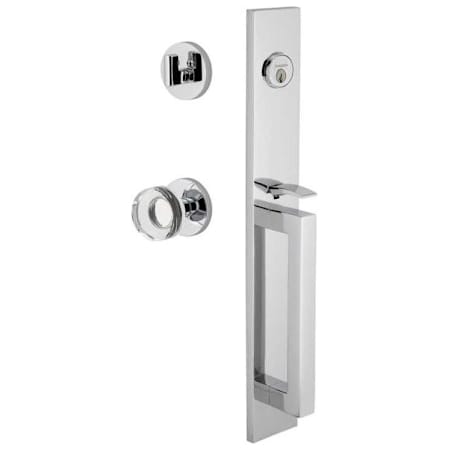 Viaggio Quadrato Full Plate Keyed Entry "D" Grip Handleset with Circolo Crystal Interior Knob and Trim - 2-3/8" Backset Bright Chrome