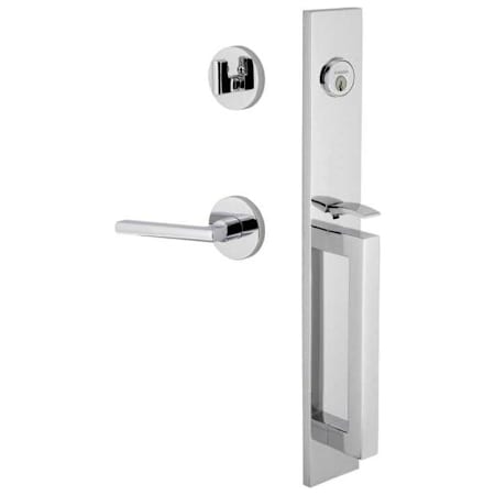 Viaggio Quadrato Left Handed Full Plate Keyed Entry "D" Grip Handleset with Milano Interior Lever and Circolo Trim - 2-3/8" Backset Bright Chrome