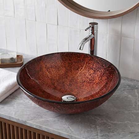 Vigo Giovanni 17" L x 17" W x 6" H Circular Glass Vessel Bathroom Sink Mahogany Moon