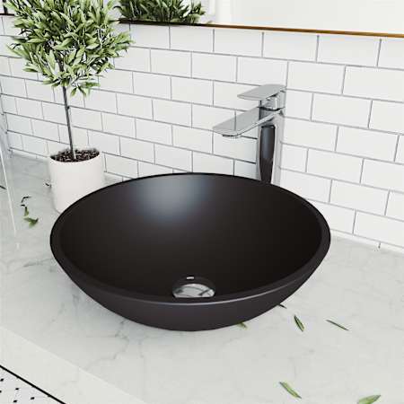 Vigo Cavalli 15" L x 15" W x 5" H Circular Glass Vessel Bathroom Sink Black MatteShell