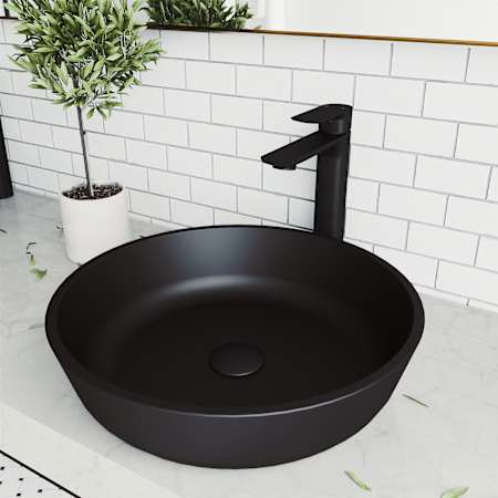 Vigo Modus 17" L x 17" W x 4" H Circular Glass Vessel Bathroom Sink Black MatteShell