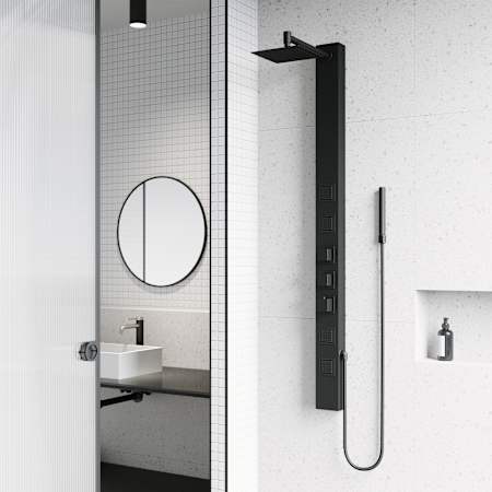 Vigo Sutton 58" H 4-Jet Thermostatic Shower Panel with Shower Head, Hand Shower, Body Sprays, and Hose Matte Black