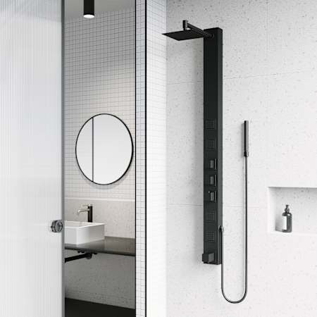 Vigo Bowery 58" H 4-Jet Thermostatic Shower Panel with Shower Head, Hand Shower, Body Sprays, and Hose Matte Black