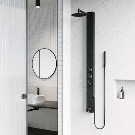 Vigo Bowery 58" H 4-Jet Thermostatic Shower Panel with Shower Head, Hand Shower, Body Sprays, and Hose Matte Black