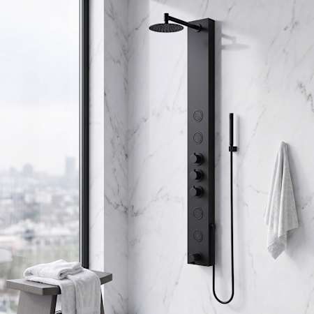 Vigo Bowery 59" H 4-Jet Thermostatic Shower Panel with Shower Head, Hand Shower, Body Sprays, and Hose Matte Black
