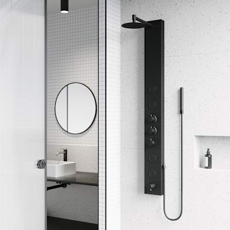Vigo Bowery 59" H 4-Jet Thermostatic Shower Panel with Shower Head, Hand Shower, Body Sprays, and Hose Matte Black