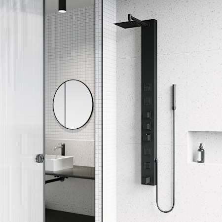 Vigo Bowery 58" H 4-Jet Thermostatic Shower Panel with Shower Head, Hand Shower, Body Sprays, and Hose Matte Black
