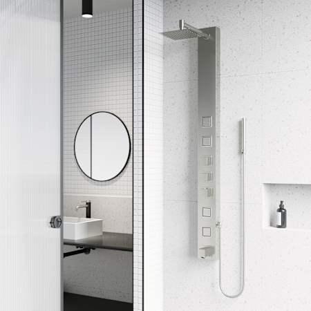 Vigo Bowery 58" H 4-Jet Thermostatic Shower Panel with Shower Head, Hand Shower, Body Sprays, and Hose Stainless Steel