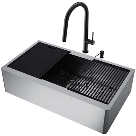 Vigo Oxford 36" Farmhouse Single Basin 16 Gauge Stainless Steel Kitchen Sink with Single Hole 1.8 GPM Pull Down Kitchen Faucet - Includes Basket Strainer, Cutting Board, Escutcheon, and Basin Rack Stainless Steel / Matte Black