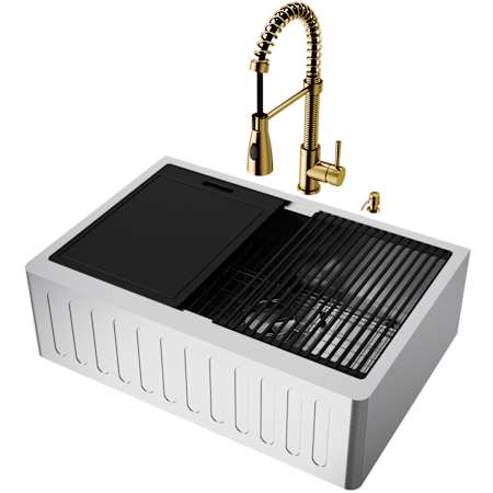 Vigo SoundAbsorb 30" Farmhouse Single Basin 16 Gauge Stainless Steel Kitchen Sink with Single Hole 1.8 GPM Pull Down Kitchen Faucet - Includes Basket Strainer, Cutting Board, Escutcheon, and Basin Rack Stainless Steel