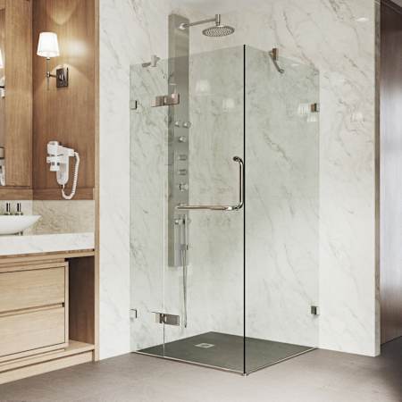 Vigo Monteray 73" High x 30" Wide x 30" Deep Hinged Frameless Shower Enclosure with Clear Glass Brushed Nickel