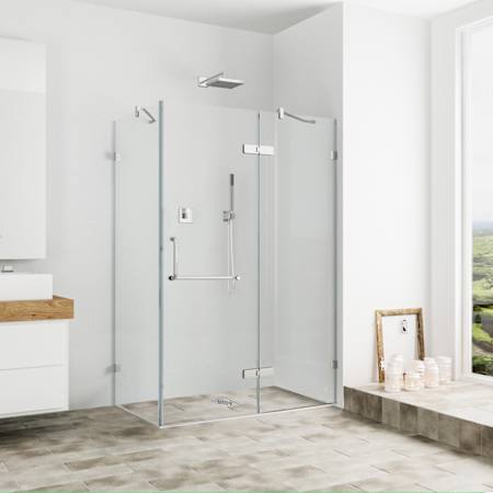 Vigo Monteray 73" High x 46" Wide x 34" Deep Hinged Frameless Shower Enclosure with Clear Glass Brushed Nickel