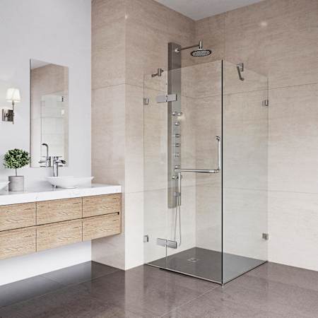 Vigo Monteray 73" High x 34" Wide x 34" Deep Hinged Frameless Shower Enclosure with Clear Glass Brushed Nickel
