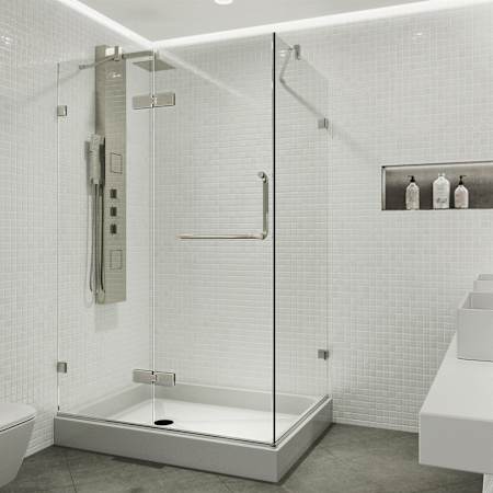 Vigo Monteray 79" High x 48" Wide x 36" Deep Hinged, Pivot Frameless Shower Enclosure with Clear Glass Brushed Nickel