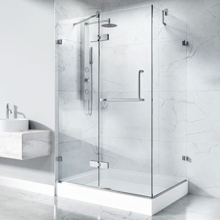 Vigo Monteray 79" High x 48" Wide x 32" Deep Hinged, Pivot Frameless Shower Enclosure with Clear Glass Brushed Nickel