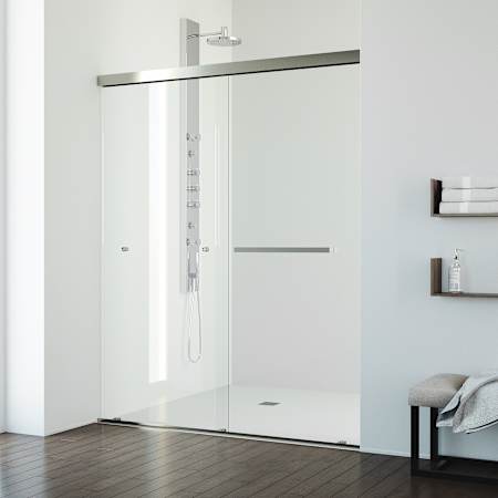 Vigo Satro E-Class 74" High x 60" Wide Sliding Frameless Shower Door with Clear Glass and Flex-Sizing™ Technology Brushed Nickel