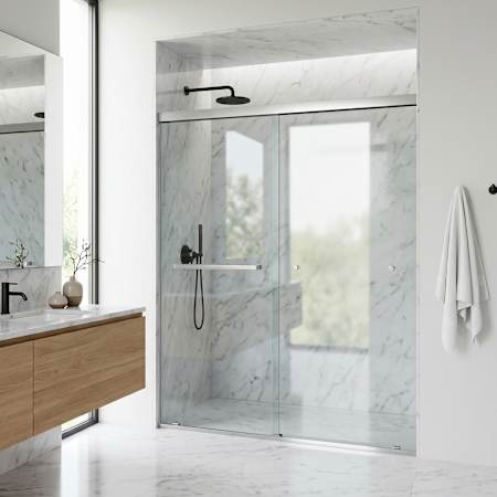 Vigo Satro E-Class 74" High x 60" Wide Sliding Frameless Shower Door with Clear Glass and 3 Piece Bathroom Hardware Set Brushed Nickel