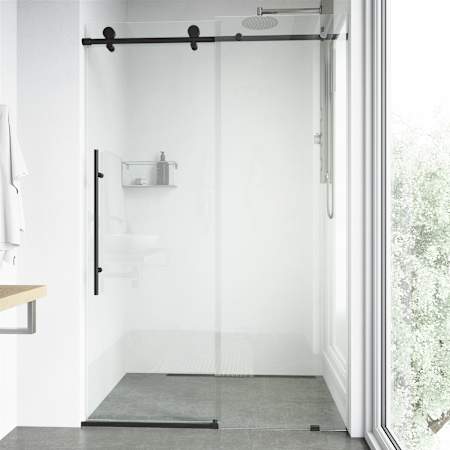 Vigo Elan E-Class 76" High x 64" Wide Sliding Frameless Shower Door with Clear Glass and 36-inch Linear Drain Matte Black