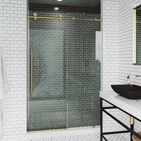 Vigo Elan E-Class 76" High x 68" Wide Sliding Frameless Shower Door with Clear Glass Matte Gold
