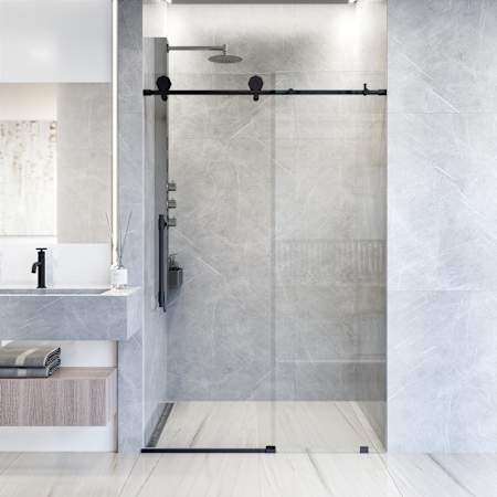 Vigo Elan Hart 76" High x 72" Wide Sliding Frameless Shower Door with Clear Glass Matte Black