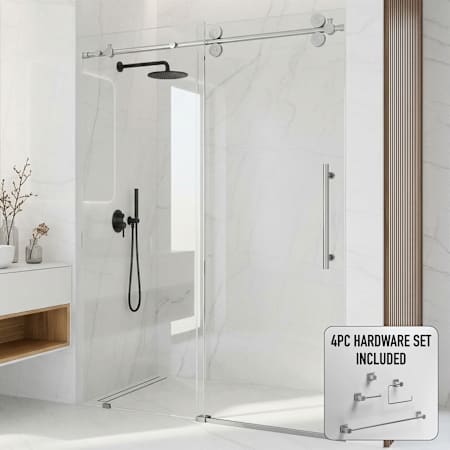 Vigo Elan 74" High x 60" Wide Sliding Frameless Shower Door with Clear Glass and 4 Piece Bathroom Hardware Set Chrome