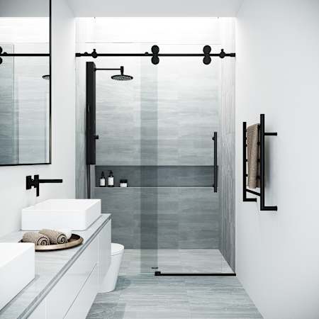 Vigo Elan 74" High x 68" Wide Sliding Frameless Shower Door with Clear Glass and 24-inch Linear Drain Matte Black