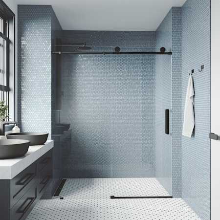 Vigo Elan 76" High x 72" Wide Sliding Frameless Shower Door with Clear Glass and 36-inch Linear Drain Matte Black