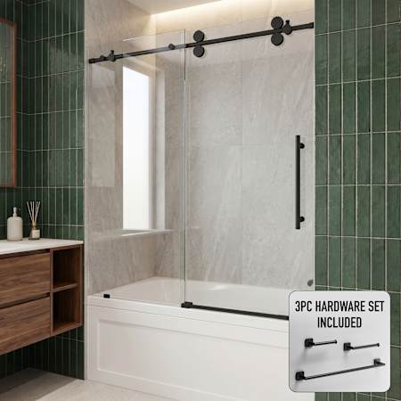 Vigo Elan 66" High x 60" Wide Sliding Frameless Clear Glass Tub Door with 3 Piece Bathroom Hardware Set Matte Black