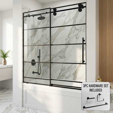 Vigo Elan 66" High x 60" Wide Sliding Frameless Tub Door with Clear Glass Includes Towel Bar, Hand Towel Holder and Toilet Paper Holder Matte Black