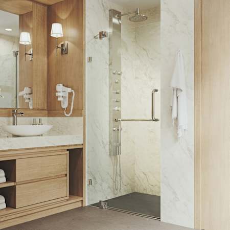 Vigo Pirouette 72" High x 36" Wide Pivot Frameless Shower Door with Clear Glass Brushed Nickel
