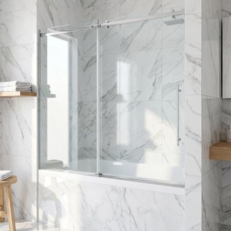 Vigo Luca 58" High x 60" Wide Sliding Frameless Tub Door with Clear Glass and 4 Piece Bathroom Hardware Set Chrome