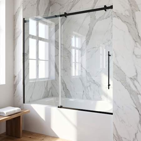 Vigo Luca 58" High x 60" Wide Sliding Frameless Tub Door with Clear Glass and 3 Piece Bathroom Hardware Set Matte Black